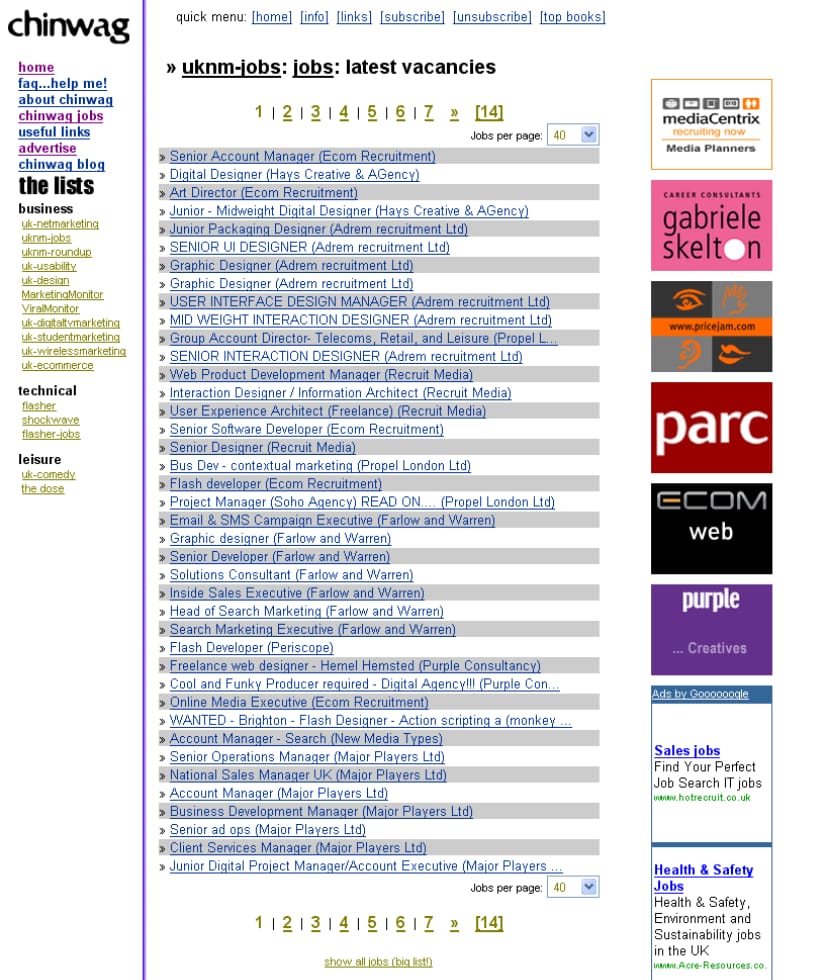 Chinwag Jobs as a mailing list pre-2006
